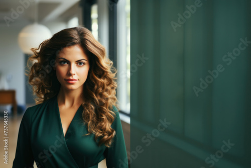 Confident Professional Woman in Elegant Office Attire, Open Empty Text Copy Space Used for a Poster, Announcement, Invitation, Message, Seminar or Sign 