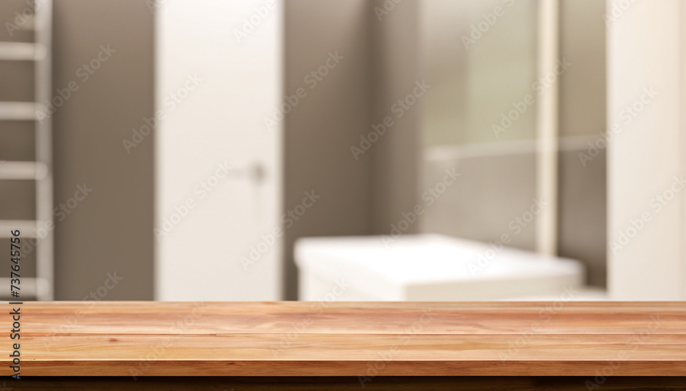 Fototapeta premium Empty tabletop for product display with blurred bathroom interior background