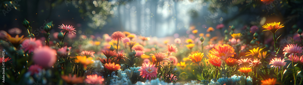 panorama of flower fields blooming with various colorful flowers bathed in soft sunlight, landscape of flower beds - obrazy, fototapety, plakaty 