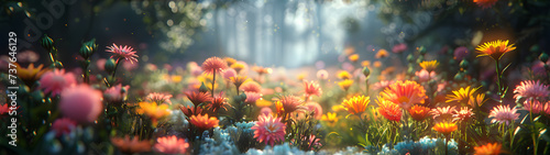 panorama of flower fields blooming with various colorful flowers bathed in soft sunlight, landscape of flower beds photo