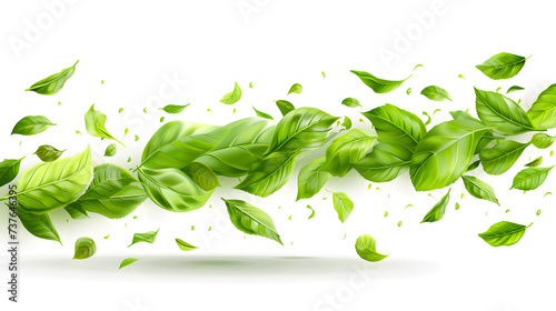 Green flying leaves isolated on white background with place for text, suitable for fresh tea, air purifier, organic, vegan, or beauty product concept design