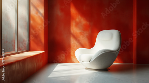 窓から差し込む光に照らされたオレンジ色の壁と白い椅子