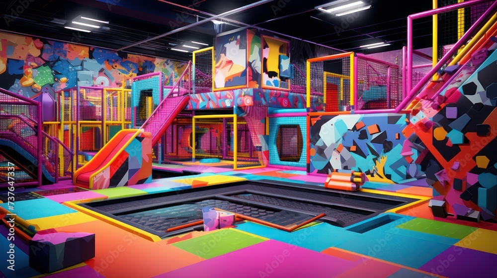 Colorful trampoline park sports game area