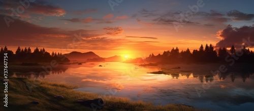 lake view at sunset with orange light