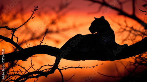 A solitary jaguar rests on a tree branch its striking silhouette standing out against the orange and red sky.
