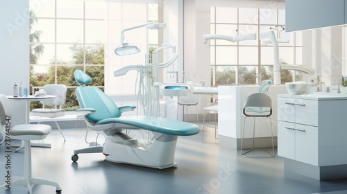 Clean and modern dentist clinic interior. Decorated with chairs and medical equipment cabinets.