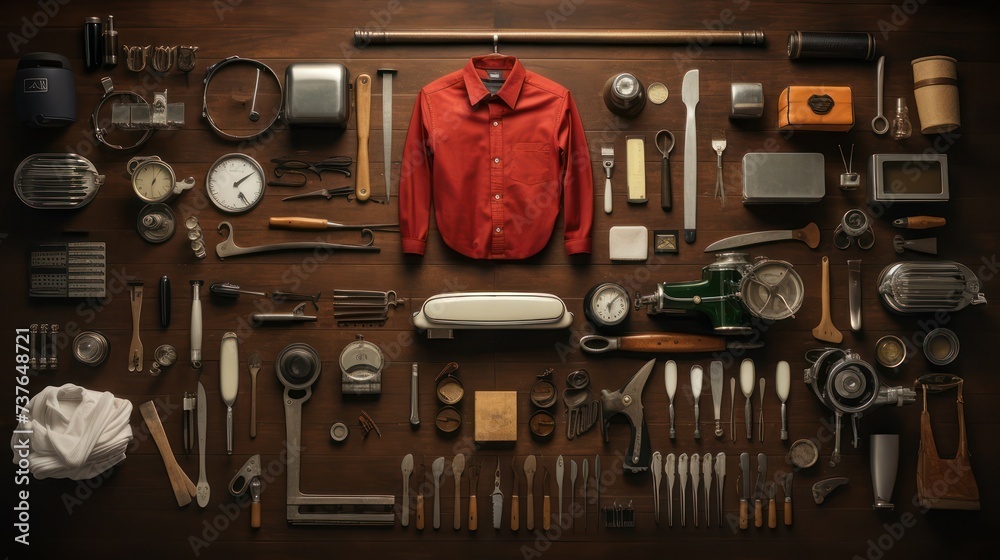 Set up classic barbershop equipment and red shirt Set up classic barbershop equipment and red shirt