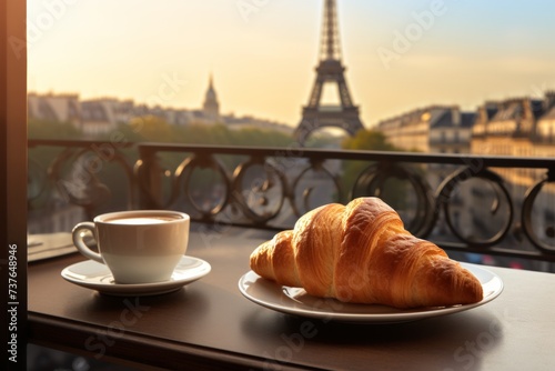 Fresh delicious french croissant and coffee, romantic parisian morning with Eiffel Tower blur view