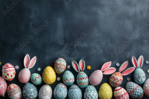Happy Easter Eggs Basket Hard boiled eggs. Bunny in flower easter snowdrops decoration Garden. Cute hare 3d Hydrangeas easter rabbit spring illustration. Holy week sparkling card wallpaper awakening photo