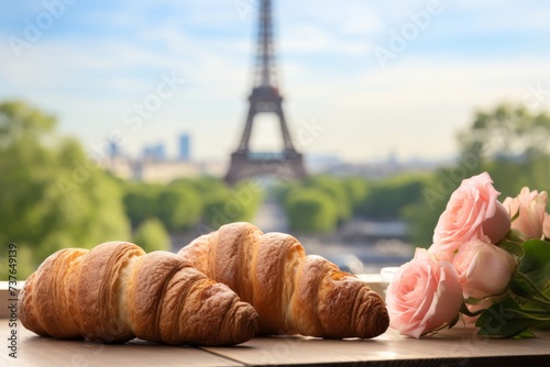 Delicious french croissants and flowers with enchanting Eiffel Tower blur background, Paris