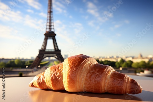 Delicious french croissant with Eiffel Tower in blur in Paris view, romantic parisian pastry delight