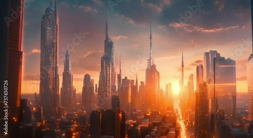 Beautiful 3D sunset City of the future photo