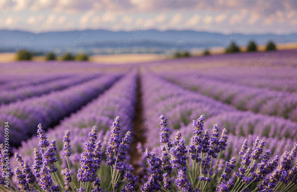 Obraz premium Lavender Fields in Provence, France: Picturesque Summer Landscape with Vibrant Purple Rows of Flowers under a Colorful Sunset Sky