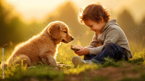 Little Boy Sitting in Grass With Dog
