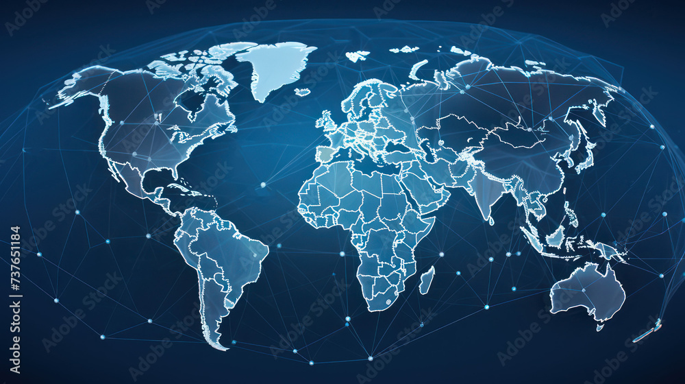 Fototapeta premium Vibrant Spectrum Hologram screen map of world continents, with future technology light effects.