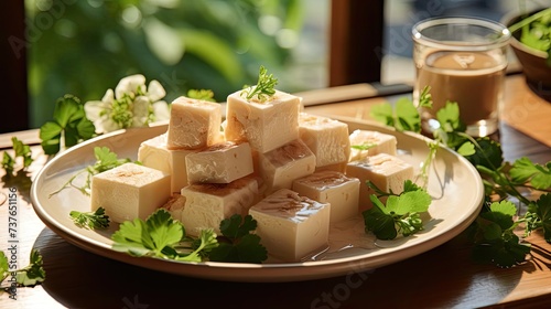 Delicious white tofu on a plate with blur background