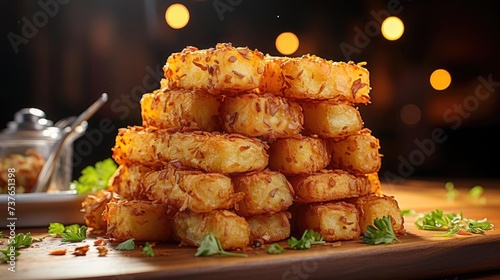 Crispy tater tots with savory salty spices with black and blur background