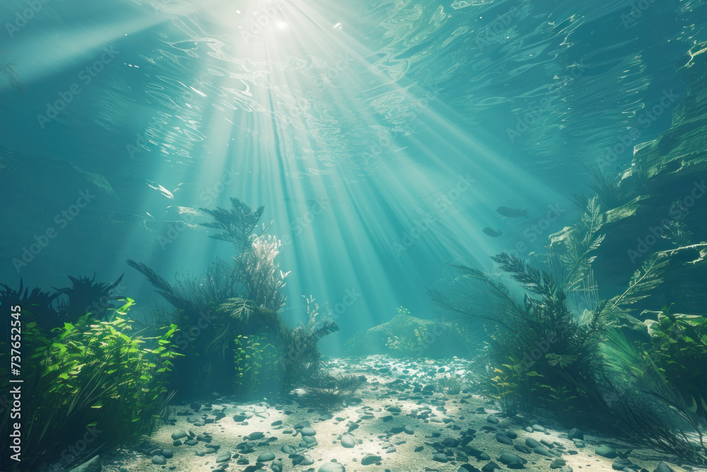 Sun rays with coral reef and fishes underwater view of the world