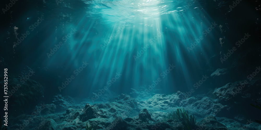 Sun rays and water streaming underwater view of the sea
