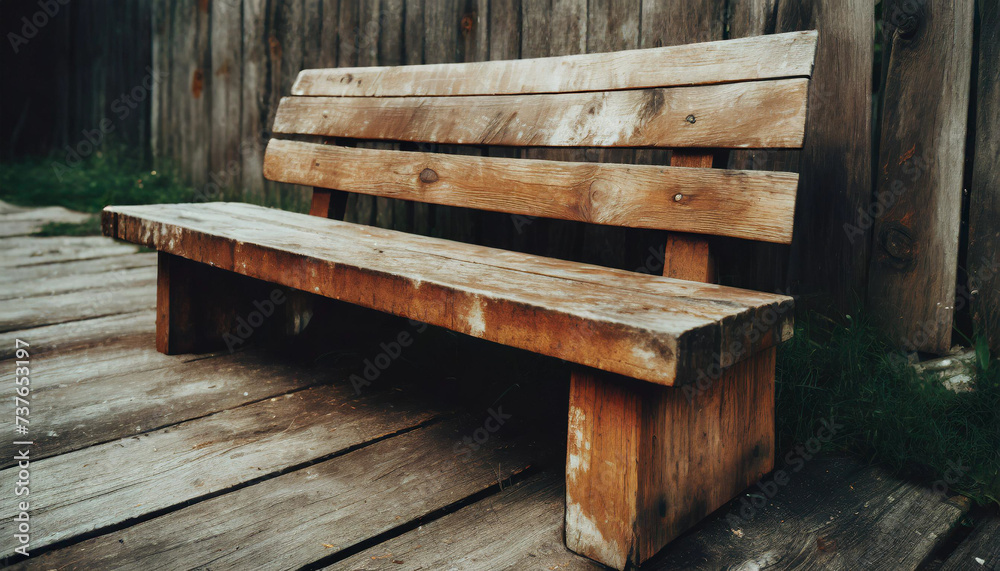 Wooden bench, wooden deck, wooden wall, old, close-up