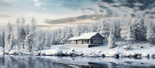 beautiful riverside fishing house in deep snowy winter