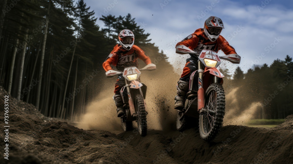 Obraz premium Trail enduro 2x1 off road Adrenaline-Fueled Motocross Racer in Full Speed Action 