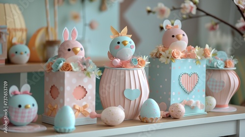 Lindas embalagens de ovos de páscoa com papel e laços decorativos photo