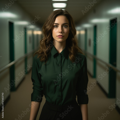 A woman wearing black standing in a hallway photo