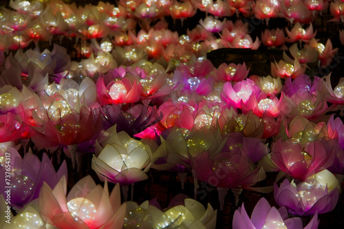 Colorful set of artificial lotus lamp in a festival