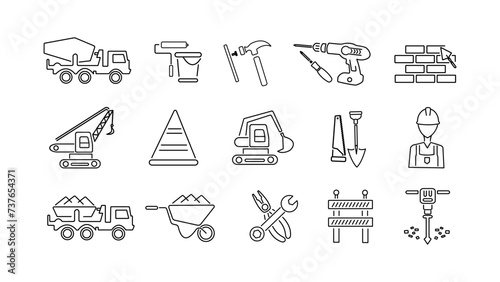 A set of black icons for construction on a white background. photo