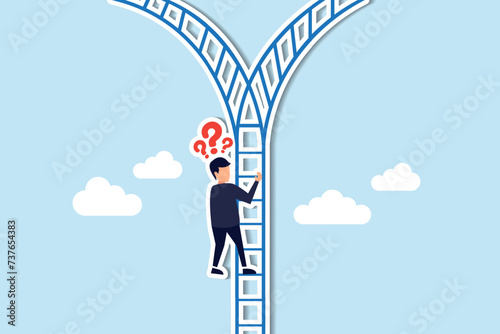 Decision making involves selecting options or pathways to success, determining the direction toward achieving targets concept, confused businessman climb up ladder and found crossroad to make decision