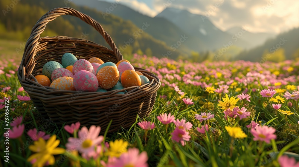 Fundo fotográfico com lindo cesto de ovos de páscoa coloridos em um grande campo com flores e grama ao ar livre - obrazy, fototapety, plakaty 