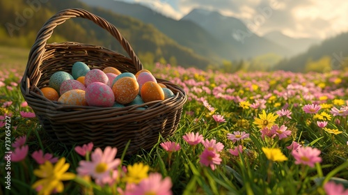 Fundo fotográfico com lindo cesto de ovos de páscoa coloridos em um grande campo com flores e grama ao ar livre