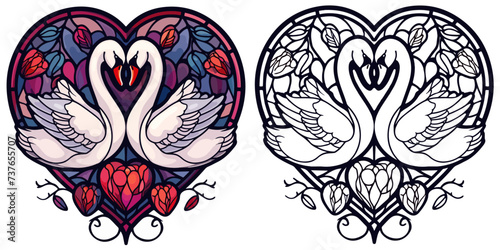 Two Swans Form of Heart Shape with Presents Coloring Page Stained Glass Vector Art