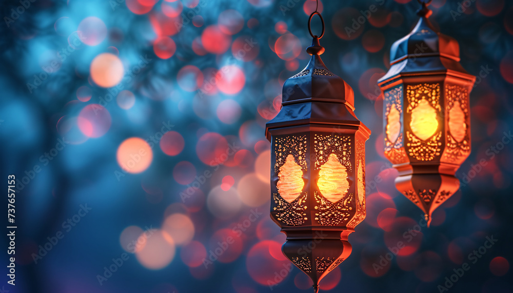 Traditional Arabic lanterns glowing against a bokeh light background, symbolizing Islamic celebrations such as Ramadan. - obrazy, fototapety, plakaty 
