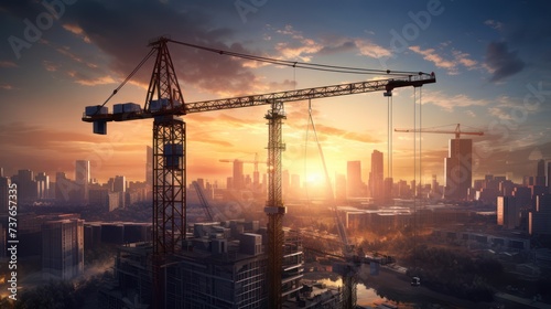 Tower crane construction site building skyscraper, work process during sunset. Cityscape scene golden light. 