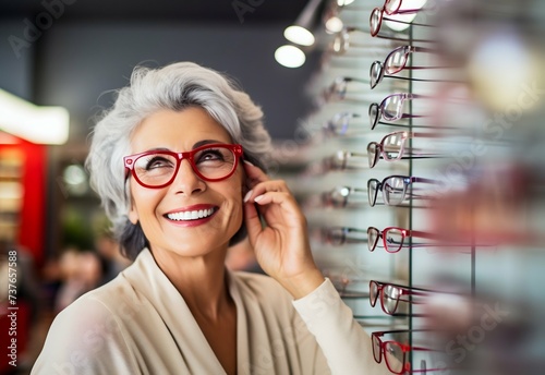 Senior Woman Trying on Glasses at Optician's Store. Generative ai