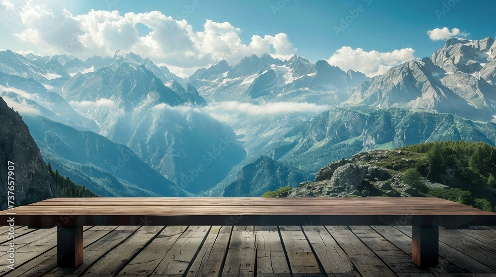 Wooden Tabletop Overlooking Mountainous Landscape. Generative ai