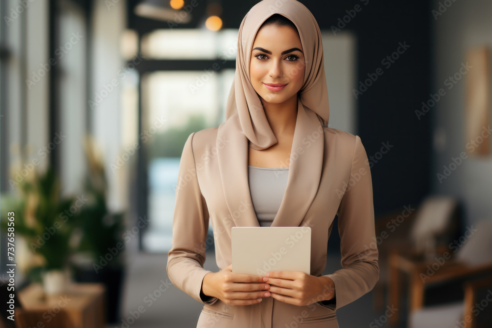 Confident Businesswoman with a Tablet in Modern Office, Open Empty Text Copy Space Used for a Poster, Announcement, Invitation, Message, Seminar or Sign
Confident Businesswoman with a Tablet in Modern Office, Open Empty Text Copy Space Used for a Poster, Announcement, Invitation, Message, Seminar or Sign