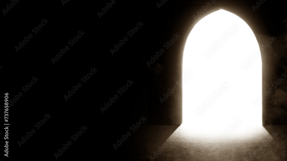 View of mosque door with arch door and a bright light