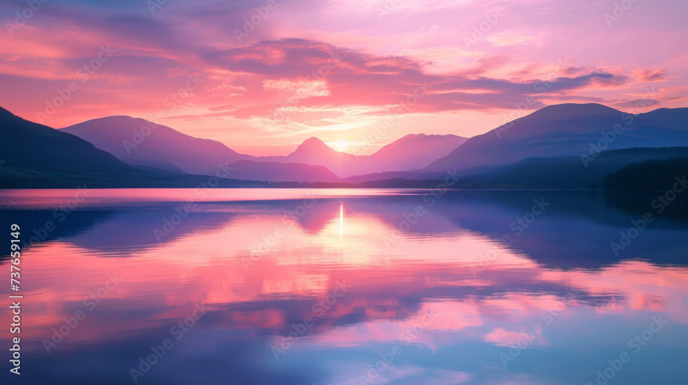 A gly lake reflecting the pastel hues of the sunset embellished with the silhouettes of mountains in the distance.