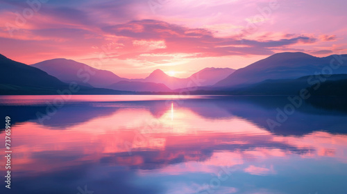 A gly lake reflecting the pastel hues of the sunset embellished with the silhouettes of mountains in the distance.