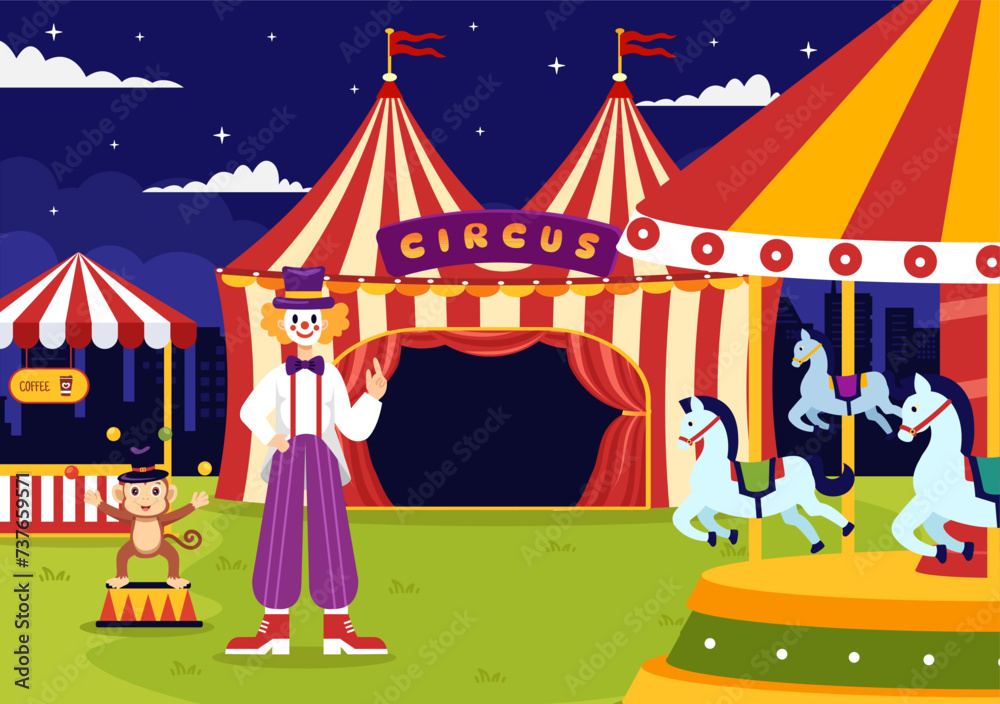 Circus Vector Illustration with Show of Gymnast, Magician, Animal Lion Tiger, Host, Entertainer, Clowns and Amusement Park in Flat Cartoon Background Circus Vector Illustration with Show of Gymnast, Magician, Animal Lion Tiger, Host, Entertainer, Clowns and Amusement Park in Flat Cartoon Background