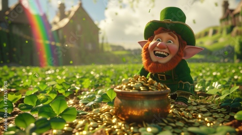 leprechaun surrounded by piles of gold in a field of four leaf clovers Rainbow abound. Generative AI.