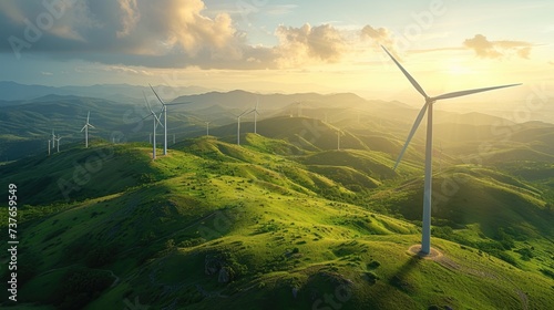 Wind Turbines Against the Morning Sky on lush hillside, technology with nature, wind's energy, potential of renewable resources to power our world, green energy, eco-friendly, environmental campaigns