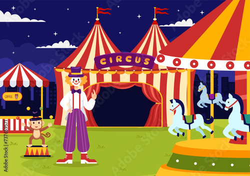 Circus Vector Illustration with Show of Gymnast, Magician, Animal Lion Tiger, Host, Entertainer, Clowns and Amusement Park in Flat Cartoon Background © denayune