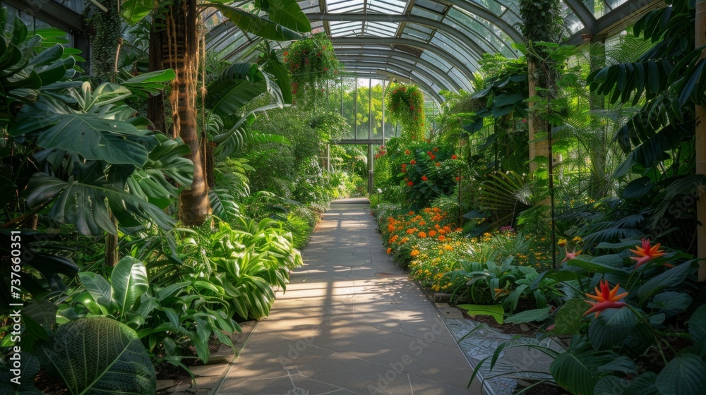 A botanical garden's conservatory, simulating a tropical rainforest under a glass dome. A botanical garden's conservatory, simulating a tropical rainforest under a glass dome.