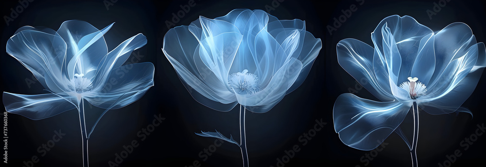 Realistic x-ray illustration of a blue flower petal on a dark background, concept of health check and botany - obrazy, fototapety, plakaty 
