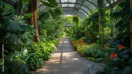 A botanical garden's conservatory, simulating a tropical rainforest under a glass dome.