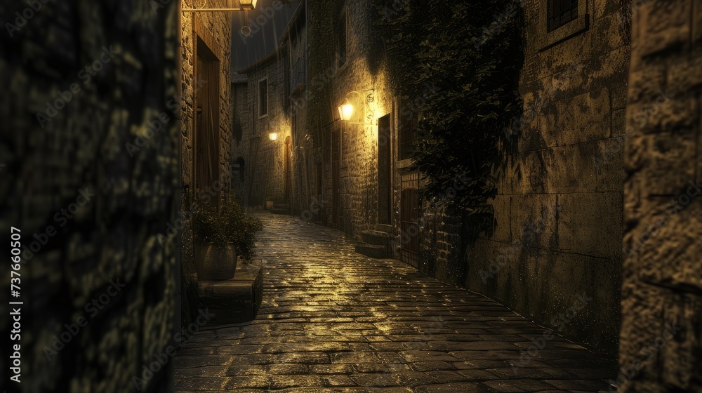 A deserted medieval alleyway at night, illuminated only by the flickering light of wall-mounted lanterns.